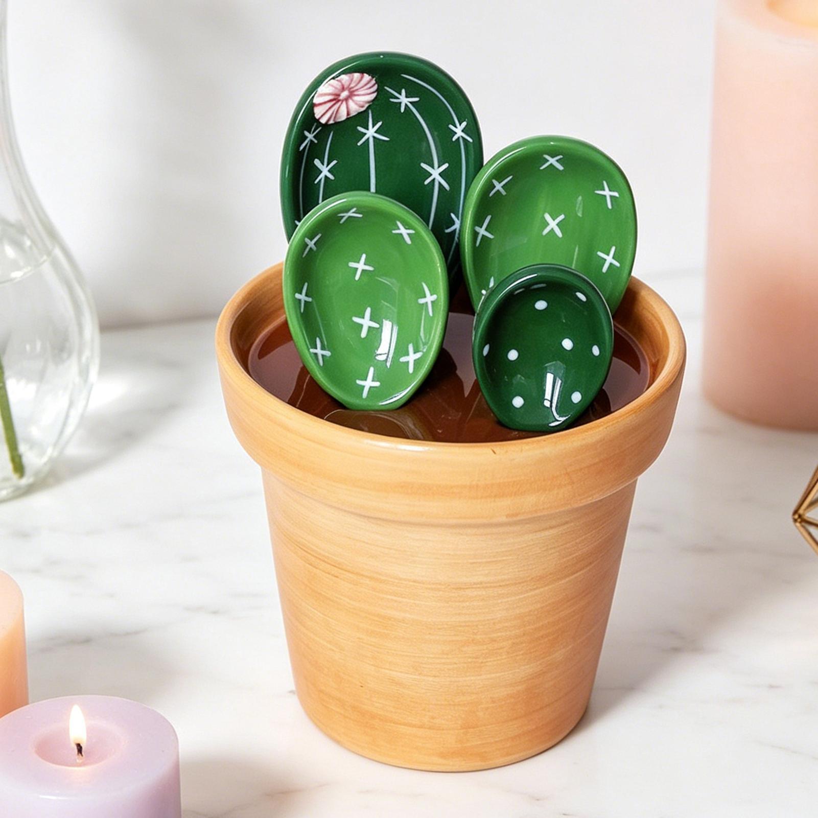 Kitchen Gadgets Small - Maatlepelsset 4-delig Keramiek Cactus met opbergruimte